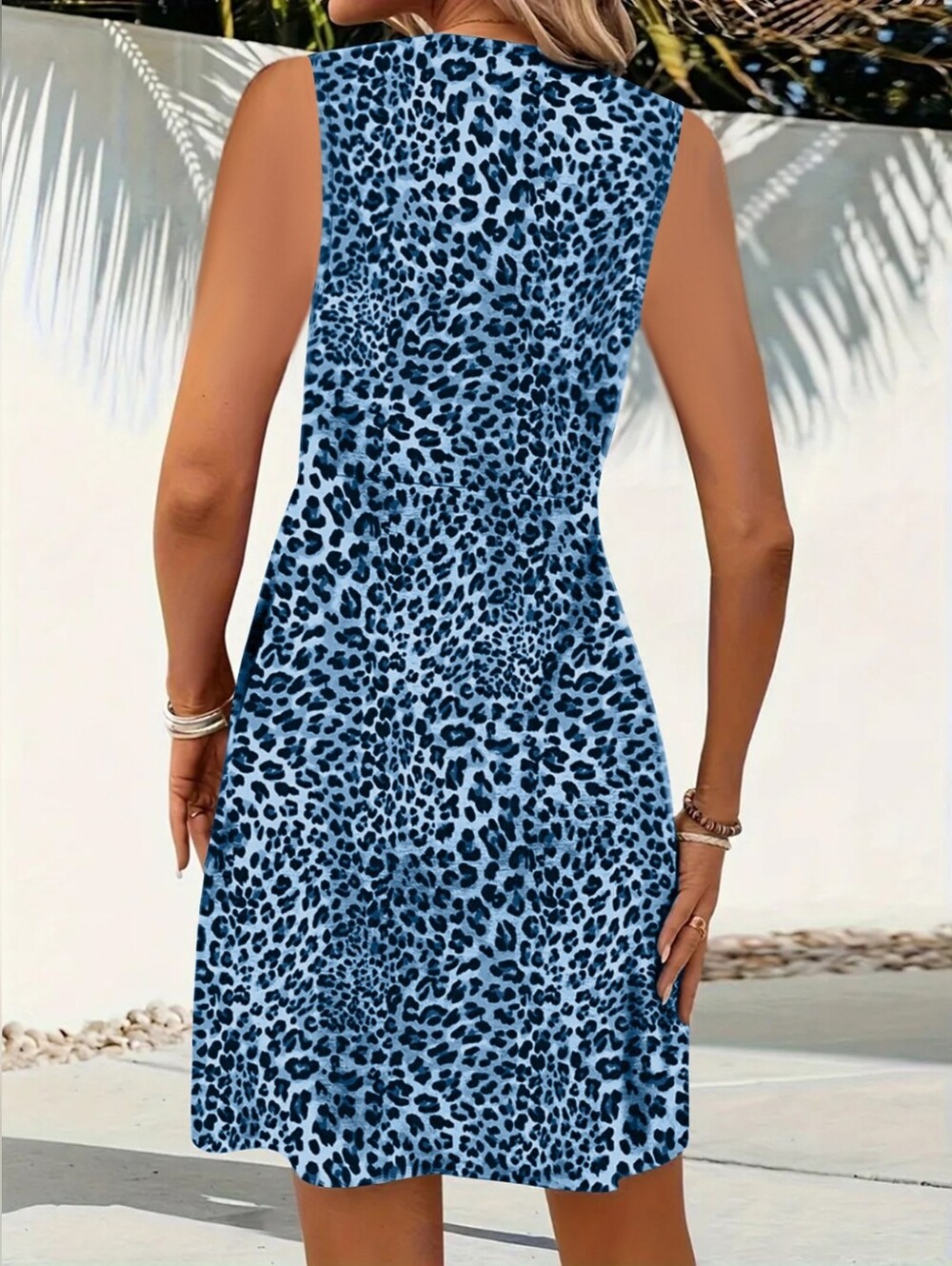 Blue Leopard Print V-Neck Summer Dress- Full & Plus Sizes - Picture 3 of 5